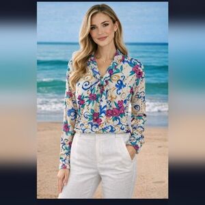 Alfred Dunner Blouse Size 10 Floral/StopWatch Long Sleeve Button Front Tie